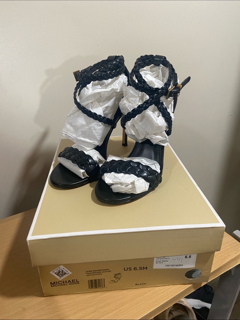 Michael Kors Black Braided Leather High-Heel Sandals